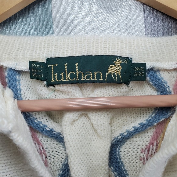 Tulchan 100% Pure New Wool Cardigan Sweater Cream Multicolor Geometric grandma - Picture 3 of 13